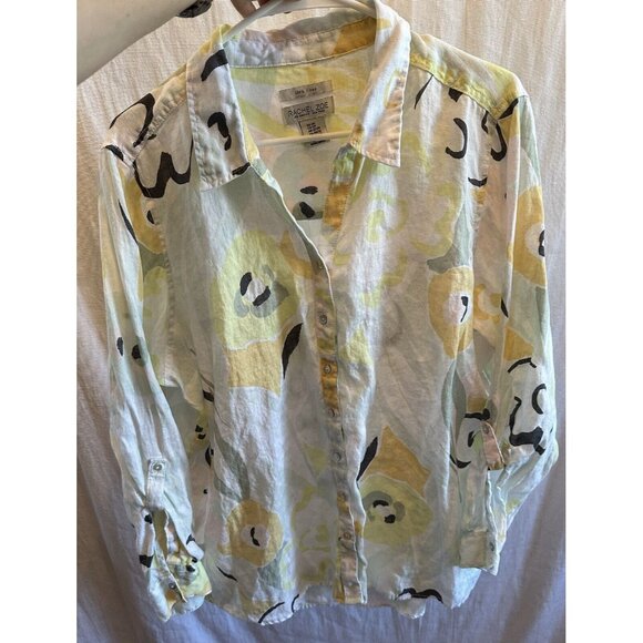 Rachel Zoe 100% Linen floral print roll tab sleeve button down shirt 2X XXL - Picture 9 of 9